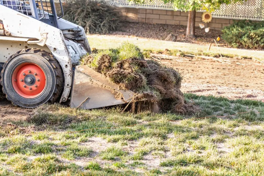 mini wheel loader moving grass and dirt