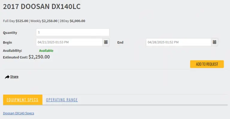 equipment rental availability tool for quotes